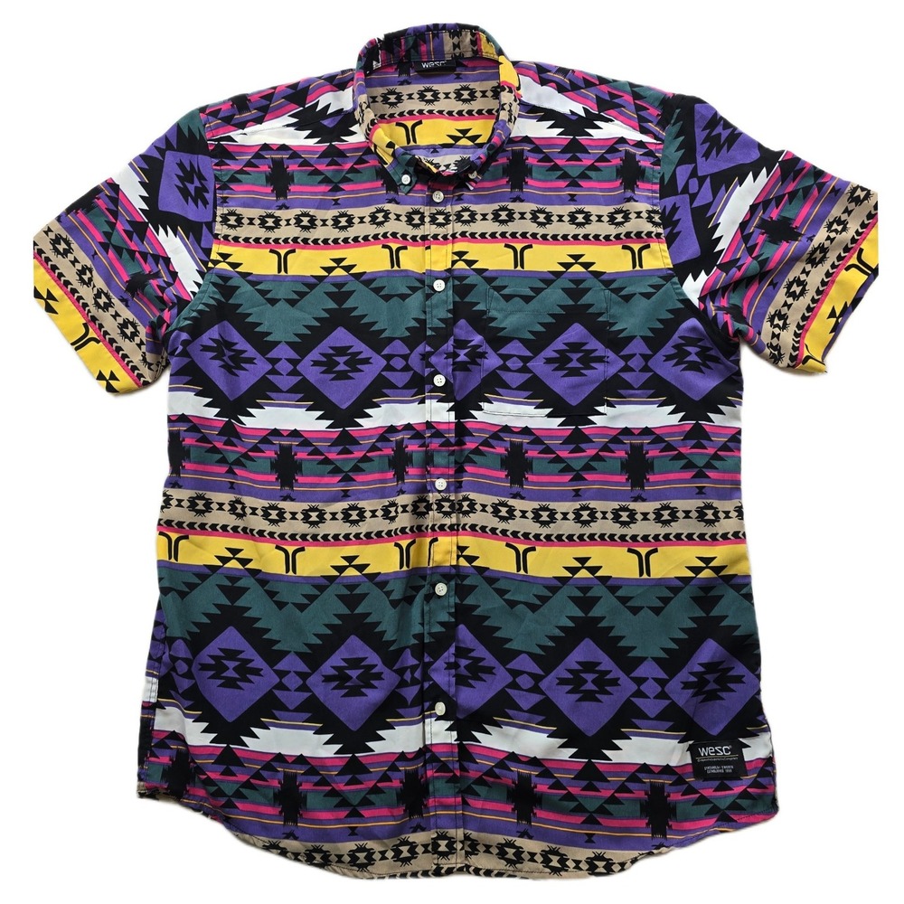 WeSC Shirt Mens Large Multicolor Aztec Geometric Oden Blanket AOP